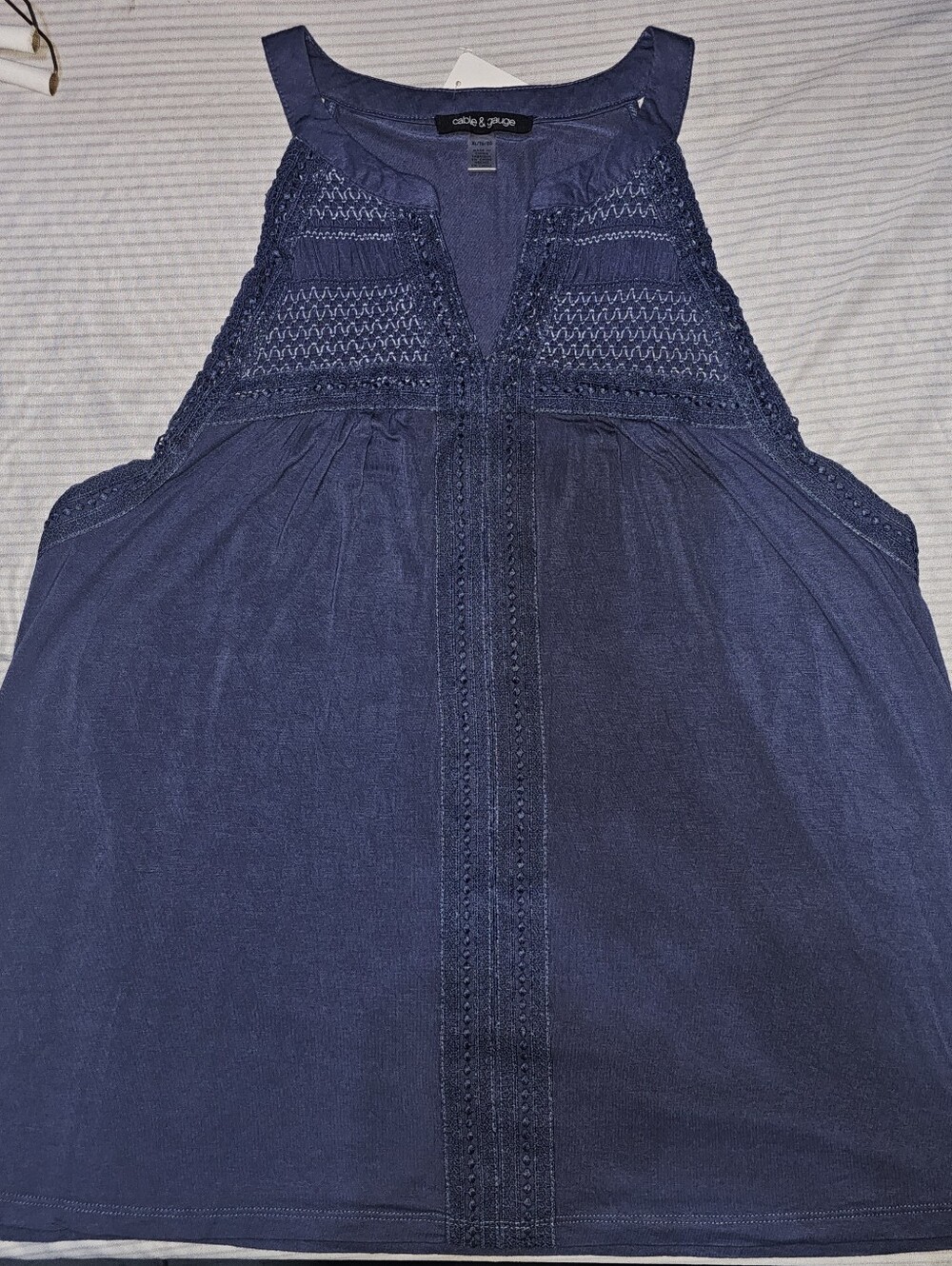Cable & Gauge Navy Crochet Yoke Halter Tank